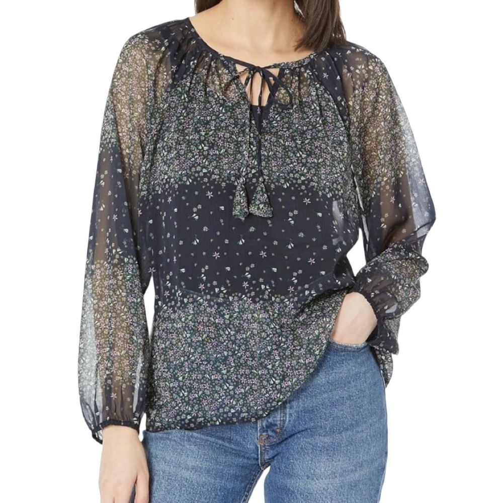 Liverpool Long Sleeve Sheer V Neck Top Tassel Ties Black Floral Print Size S